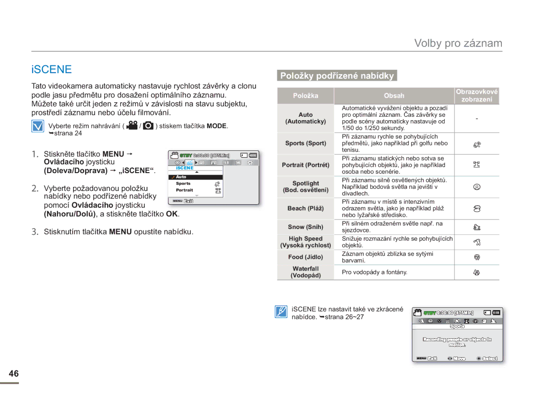 Samsung SMX-F53BP/EDC manual Iscene, Doleva/Doprava „iSCENE, Vyberte požadovanou položku, Nabídky nebo podřízené nabídky 