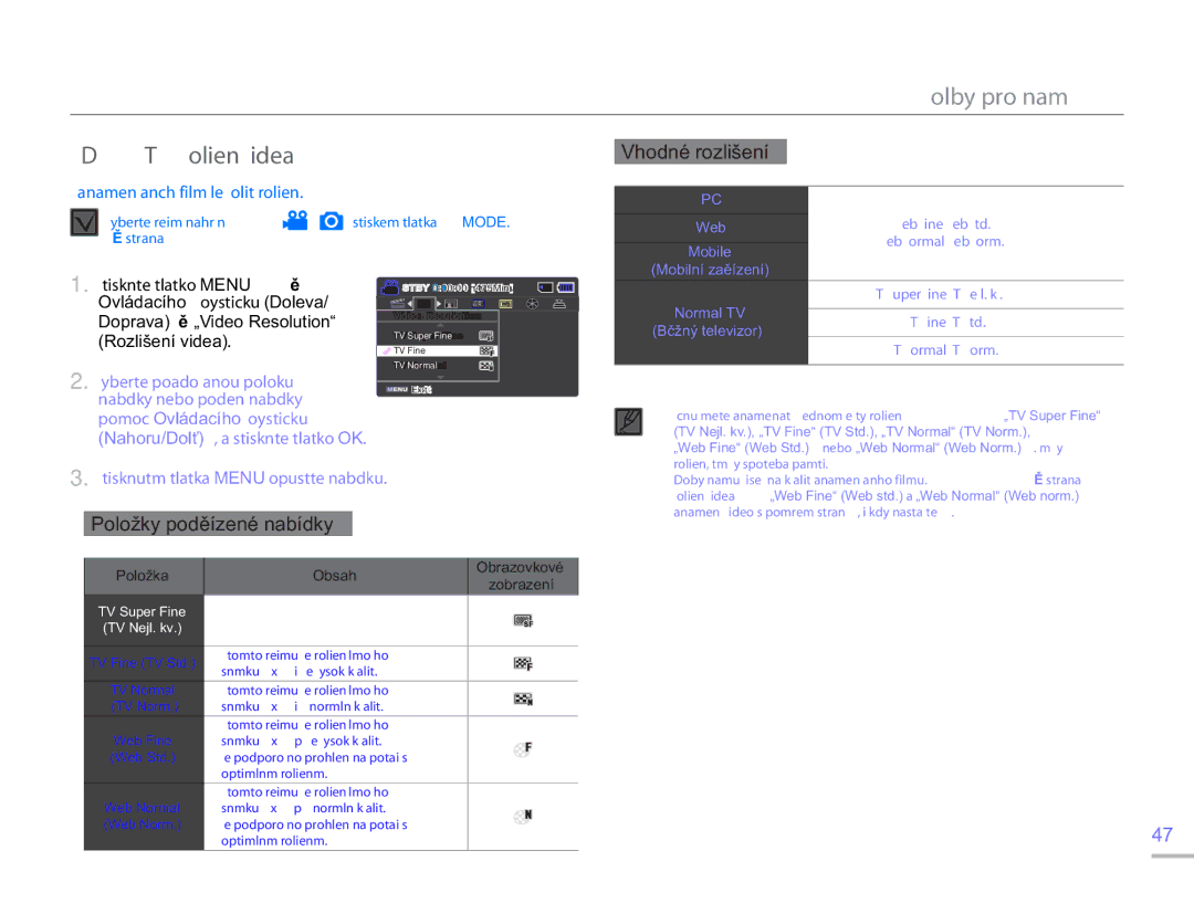 Samsung SMX-F50SP/EDC Zaznamenávaných filmů lze zvolit rozlišení, Ovládacího joysticku Doleva, Doprava „Video Resolution 