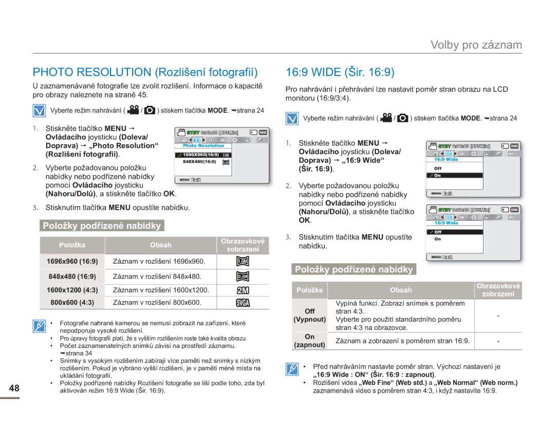 Samsung SMX-F50BP/EDC manual Photo Resolution Rozlišení fotografií Wide Šir, Doprava „Photo Resolution, Doprava „169 Wide 