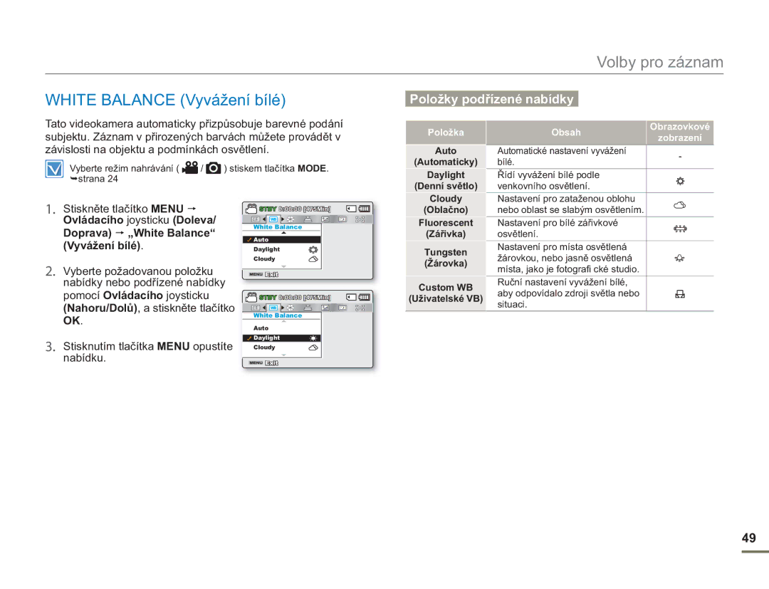 Samsung SMX-F54BP/EDC, SMX-F50BP/EDC, SMX-F50RP/EDC, SMX-F53BP/EDC manual White Balance Vyvážení bílé, Doprava „White Balance 