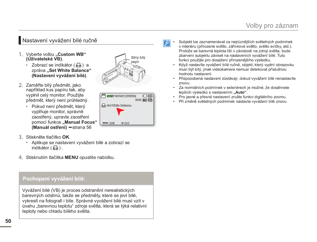 Samsung SMX-F50RP/EDC Nastavení vyvážení bílé ručně, Uživatelské VB, Zpráva „Set White Balance Nastavení vyvážení bílé 