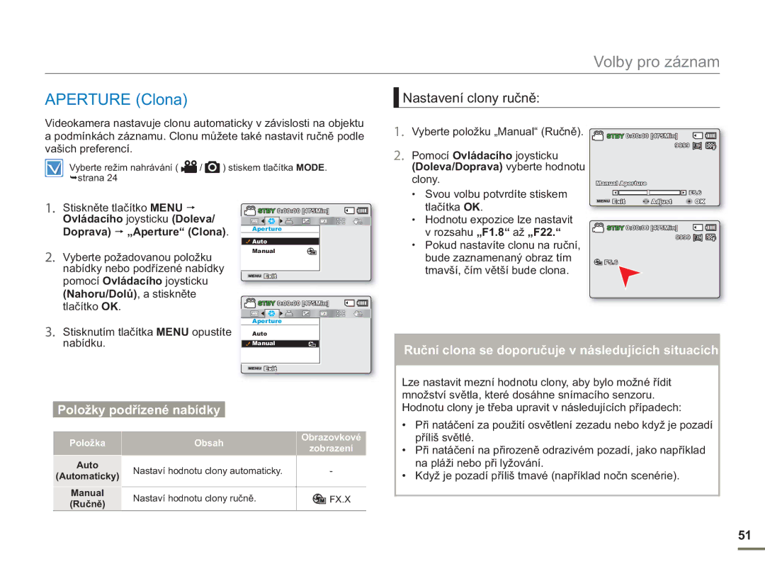 Samsung SMX-F53BP/EDC, SMX-F50BP/EDC manual Nastavení clony ručně, Doprava „Aperture Clona, Nahoru/Dolů, a stiskněte 