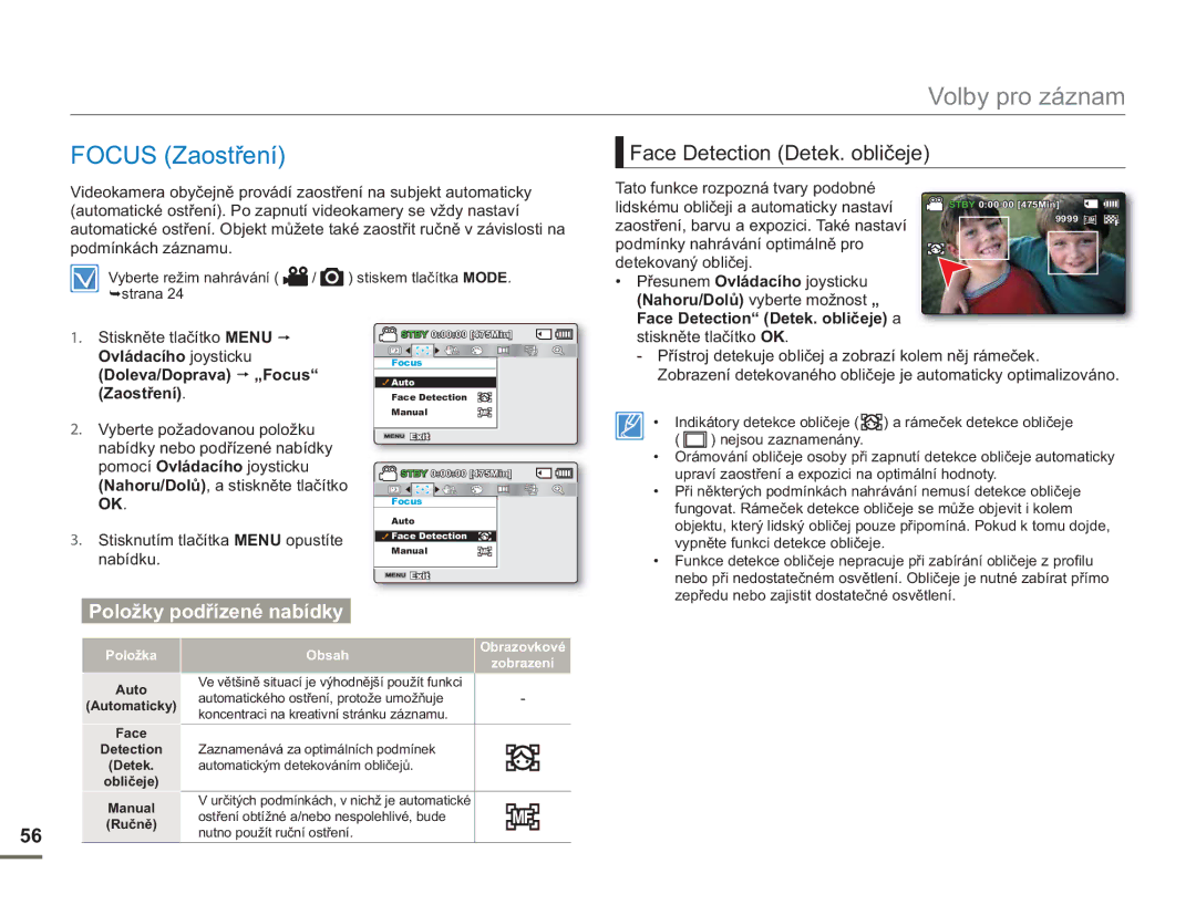 Samsung SMX-F53BP/EDC manual Focus Zaostření, Face Detection Detek. obličeje, Zaostření, barvu a expozici. Také nastaví 