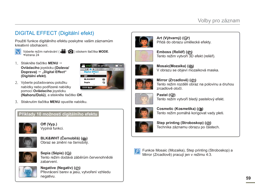 Samsung SMX-F54BP/EDC, SMX-F50BP/EDC, SMX-F50RP/EDC, SMX-F53BP/EDC, SMX-F50SP/EDC manual Digital Effect Digitální efekt 