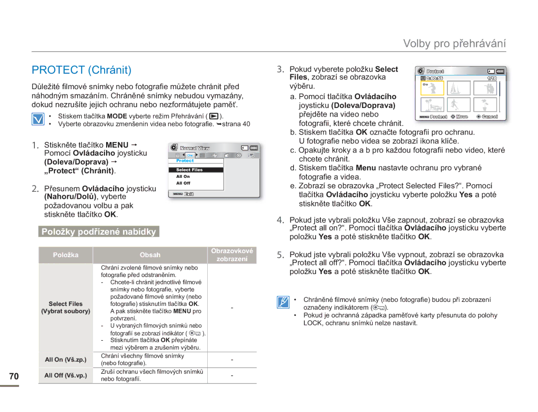 Samsung SMX-F50RP/EDC, SMX-F50BP/EDC manual Protect Chránit, Files, zobrazí se obrazovka, Výběru Pomocí tlačítka Ovládacího 