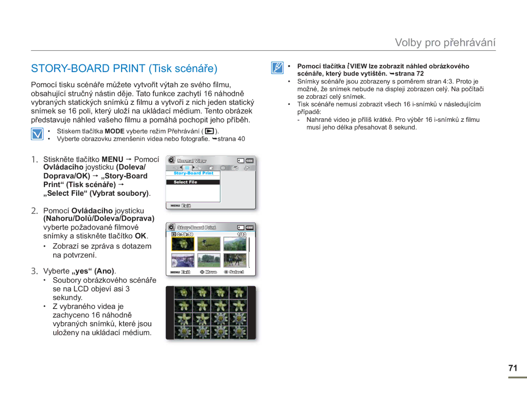 Samsung SMX-F53BP/EDC manual STORY-BOARD Print Tisk scénáře, Zobrazí se zpráva s dotazem na potvrzení, Vyberte „yes Ano 