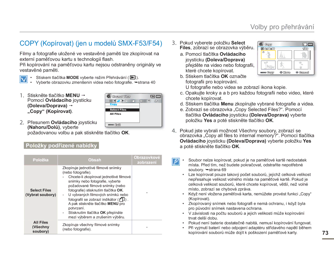 Samsung SMX-F50BP/EDC, SMX-F54BP/EDC, SMX-F50RP/EDC, SMX-F53BP/EDC Copy Kopírovat jen u modelů SMX-F53/F54, „Copy Kopírovat 