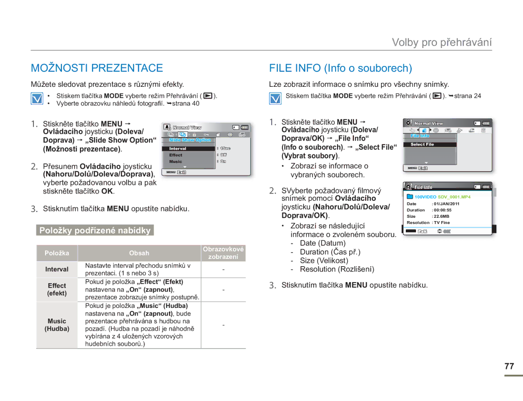 Samsung SMX-F50SP/EDC, SMX-F50BP/EDC, SMX-F54BP/EDC, SMX-F50RP/EDC manual Možnosti Prezentace, File Info Info o souborech 