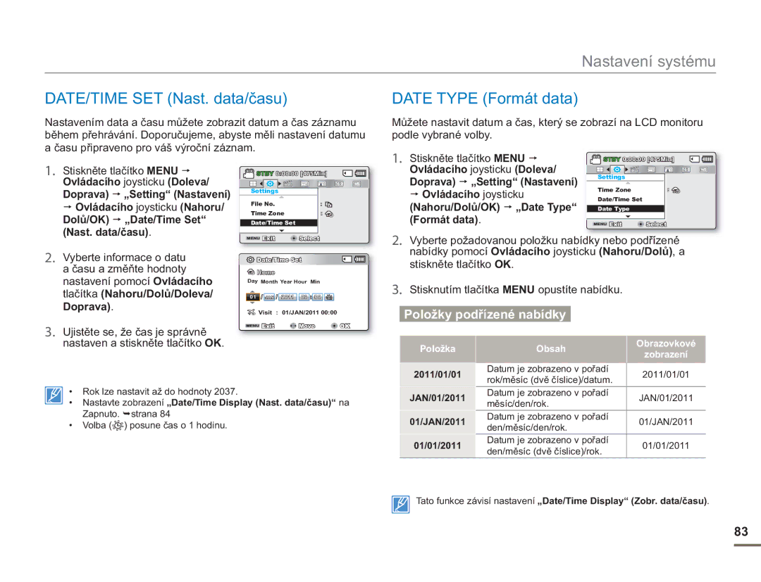 Samsung SMX-F50BP/EDC, SMX-F54BP/EDC manual DATE/TIME SET Nast. data/času, Date Type Formát data, Dolů/OK „Date/Time Set 