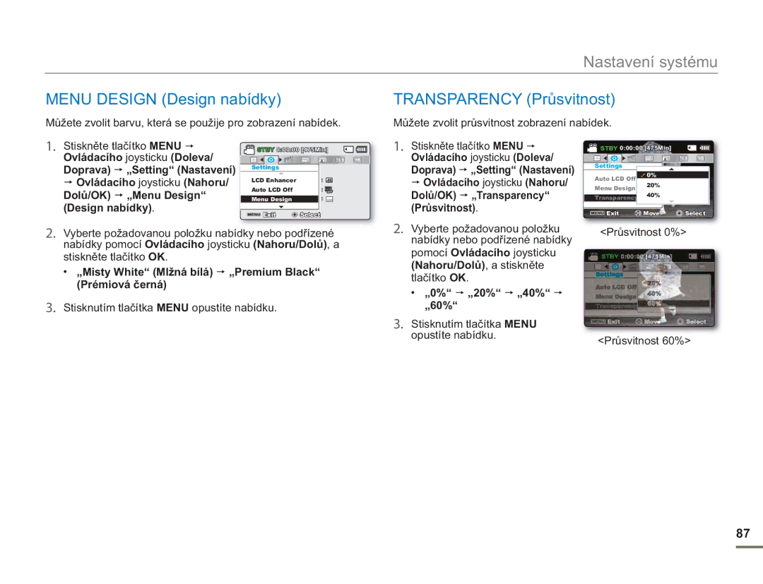 Samsung SMX-F50SP/EDC, SMX-F50BP/EDC, SMX-F54BP/EDC, SMX-F50RP/EDC manual Menu Design Design nabídky, Transparency Průsvitnost 