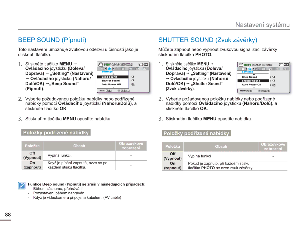 Samsung SMX-F50BP/EDC, SMX-F54BP/EDC manual Dolů/OK „Beep Sound Pípnutí, Dolů/OK „Shutter Sound Zvuk závěrky 