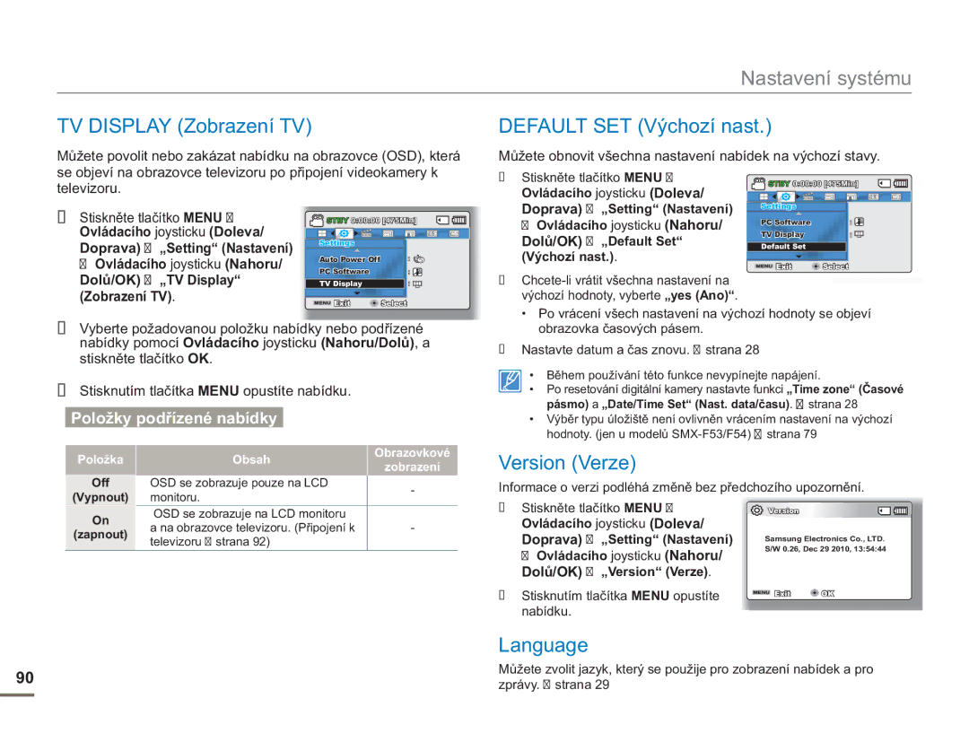 Samsung SMX-F50RP/EDC, SMX-F50BP/EDC manual TV Display Zobrazení TV, Default SET Výchozí nast, Version Verze, Language 