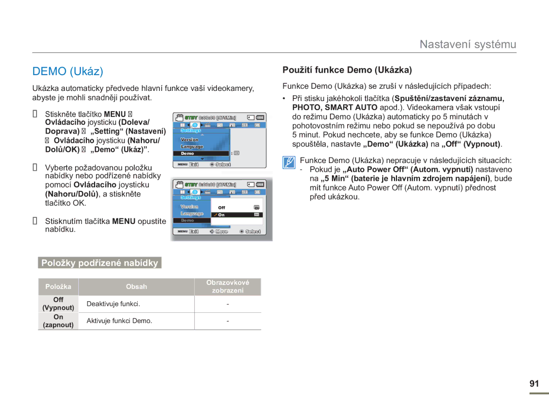 Samsung SMX-F53BP/EDC, SMX-F50BP/EDC, SMX-F54BP/EDC, SMX-F50RP/EDC manual Použití funkce Demo Ukázka, Dolů/OK „Demo Ukáz 