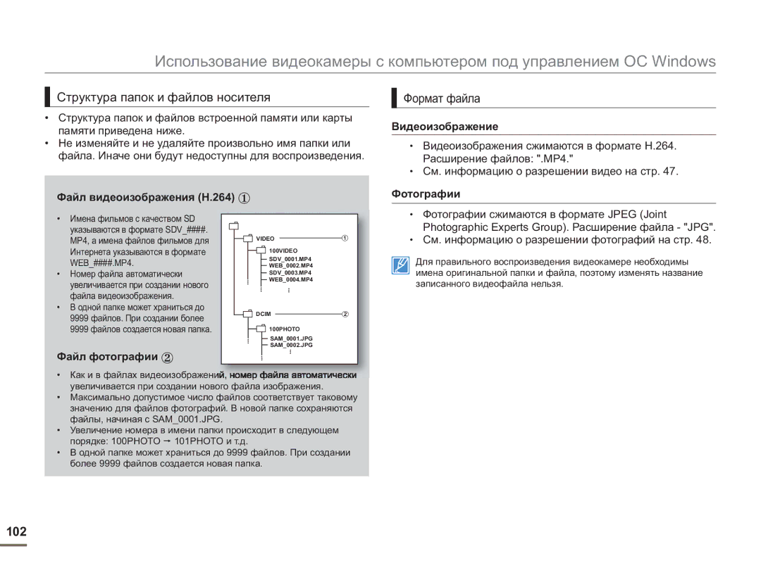 Samsung SMX-F54BP/EDC, SMX-F50BP/EDC, SMX-F50RP/XER, SMX-F50BP/XEK manual Структура папок и файлов носителя, Формат файла, 102 