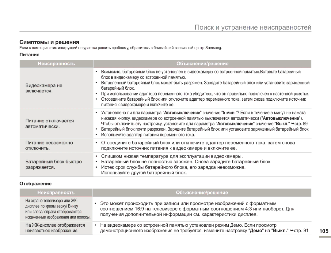 Samsung SMX-F50BP/XER, SMX-F50BP/EDC, SMX-F54BP/EDC, SMX-F50RP/XER manual Симптомы и решения, 105, Питание, Отображение 