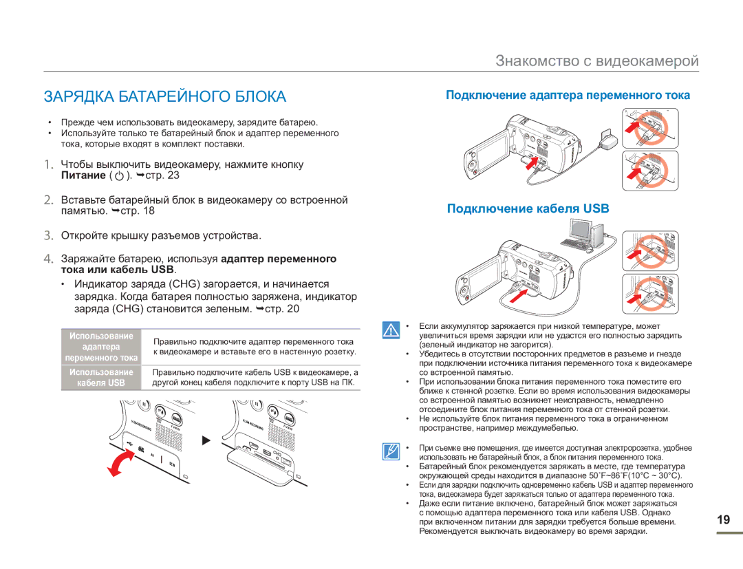 Samsung SMX-F53BP/XER, SMX-F50BP/EDC manual Зарядка Батарейного Блока, Использование Адаптера Переменного тока Кабеля USB 