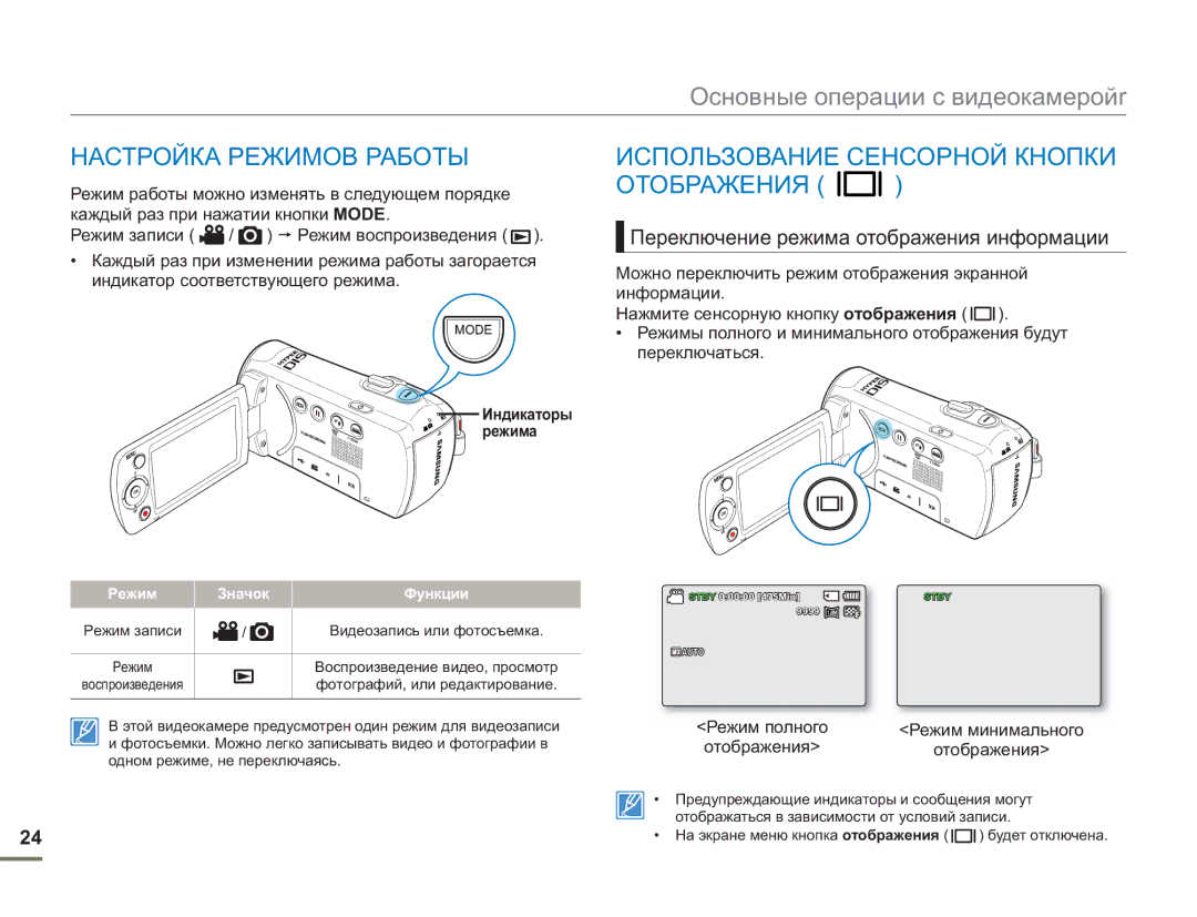 Samsung SMX-F50BP/XER manual Настройка Режимов Работы, Использование Сенсорной Кнопки Отображения, Режим Значок Функции 