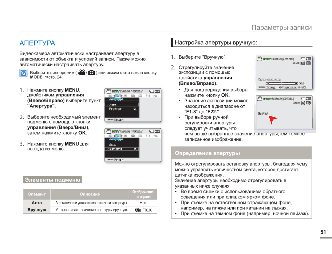 Samsung SMX-F50BP/XER, SMX-F50BP/EDC, SMX-F54BP/EDC, SMX-F50RP/XER manual Апертура, Настройка апертуры вручную, Влево/Вправо 