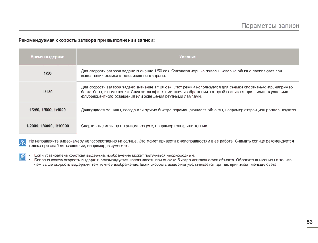 Samsung SMX-F54BP/XEK, SMX-F50BP/EDC manual Рекомендуемая скорость затвора при выполнении записи, Время выдержки, Условия 