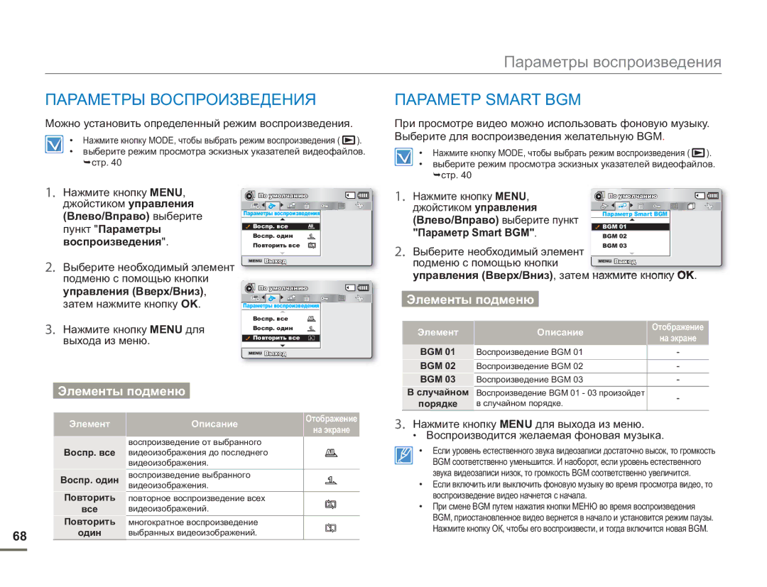 Samsung SMX-F50BP/XEK manual Параметры Воспроизведения Параметр Smart BGM, Выберите для воспроизведения желательную BGM 