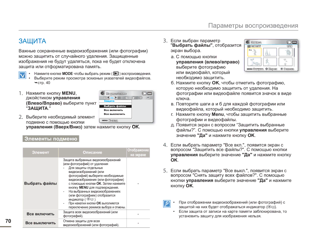 Samsung SMX-F50SP/XER, SMX-F50BP/EDC, SMX-F54BP/EDC, SMX-F50RP/XER, SMX-F50BP/XEK, SMX-F50BP/XER, SMX-F54BP/XEK manual Защита 