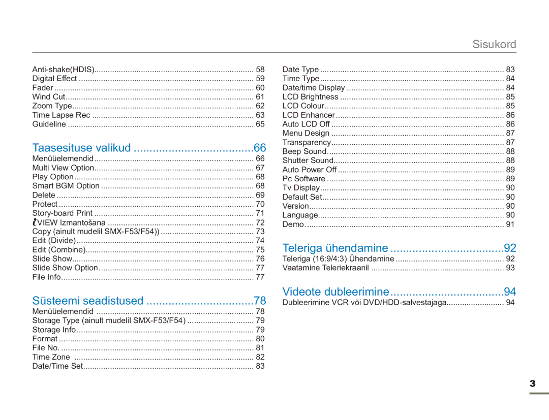 Samsung SMX-F50BP/EDC, SMX-F54BP/EDC manual Sisukord 