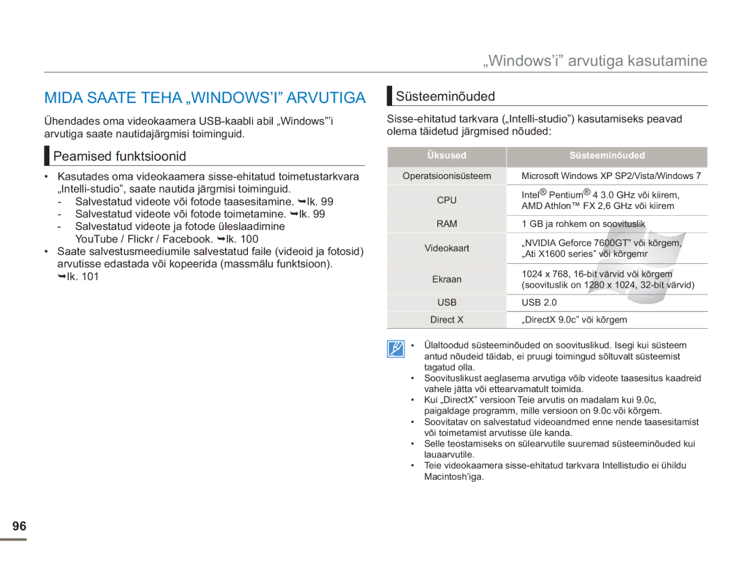 Samsung SMX-F54BP/EDC manual Mida Saate Teha „WINDOWS’I Arvutiga, Peamised funktsioonid, Üksused Süsteeminõuded 