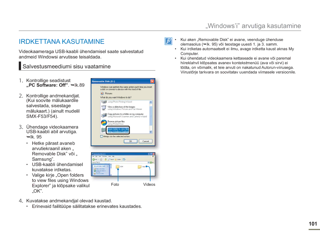 Samsung SMX-F50BP/EDC manual Irdkettana Kasutamine, Salvestusmeediumi sisu vaatamine, 101, „PC Software Off . lk.89 