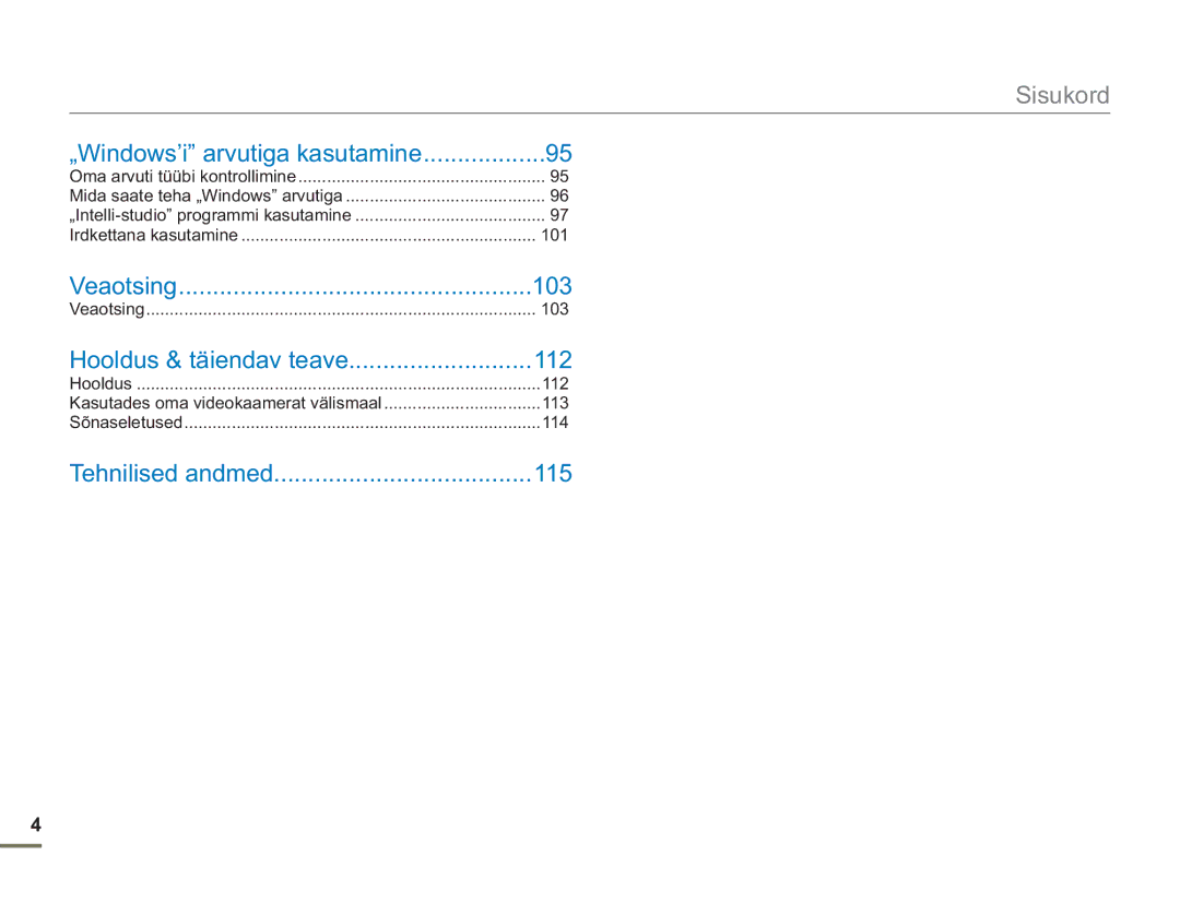 Samsung SMX-F54BP/EDC, SMX-F50BP/EDC manual „Windows’i arvutiga kasutamine, 103, 112, 115 