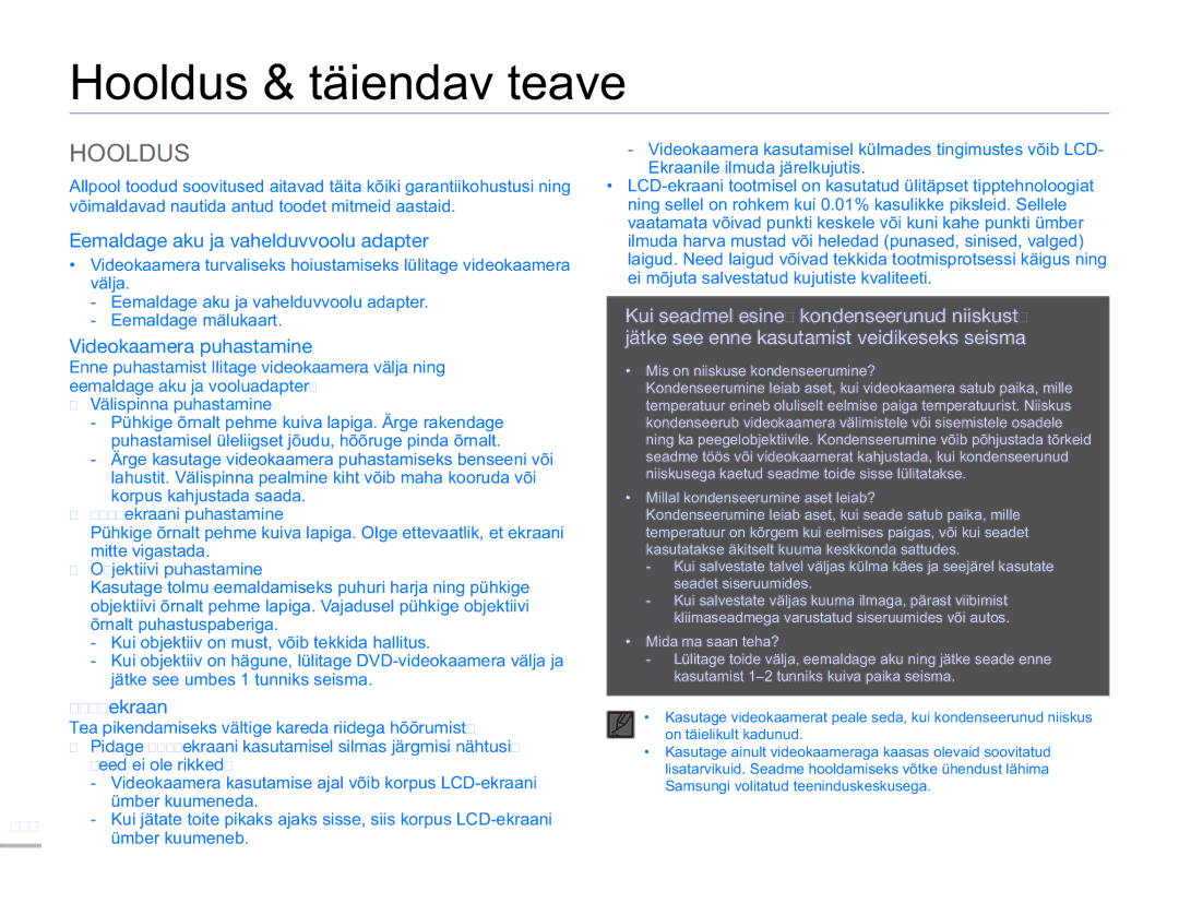 Samsung SMX-F54BP/EDC manual Hooldus & täiendav teave, Eemaldage aku ja vahelduvvoolu adapter, Videokaamera puhastamine 