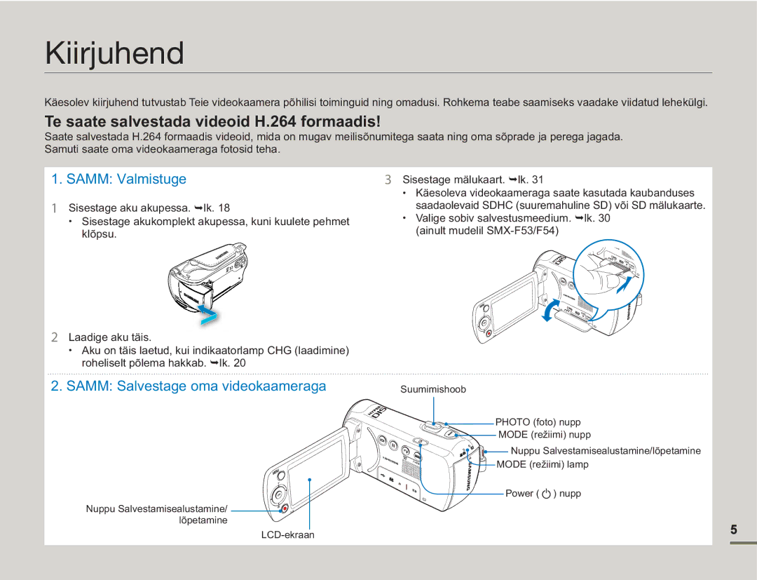 Samsung SMX-F50BP/EDC, SMX-F54BP/EDC manual Kiirjuhend, Te saate salvestada videoid H.264 formaadis 