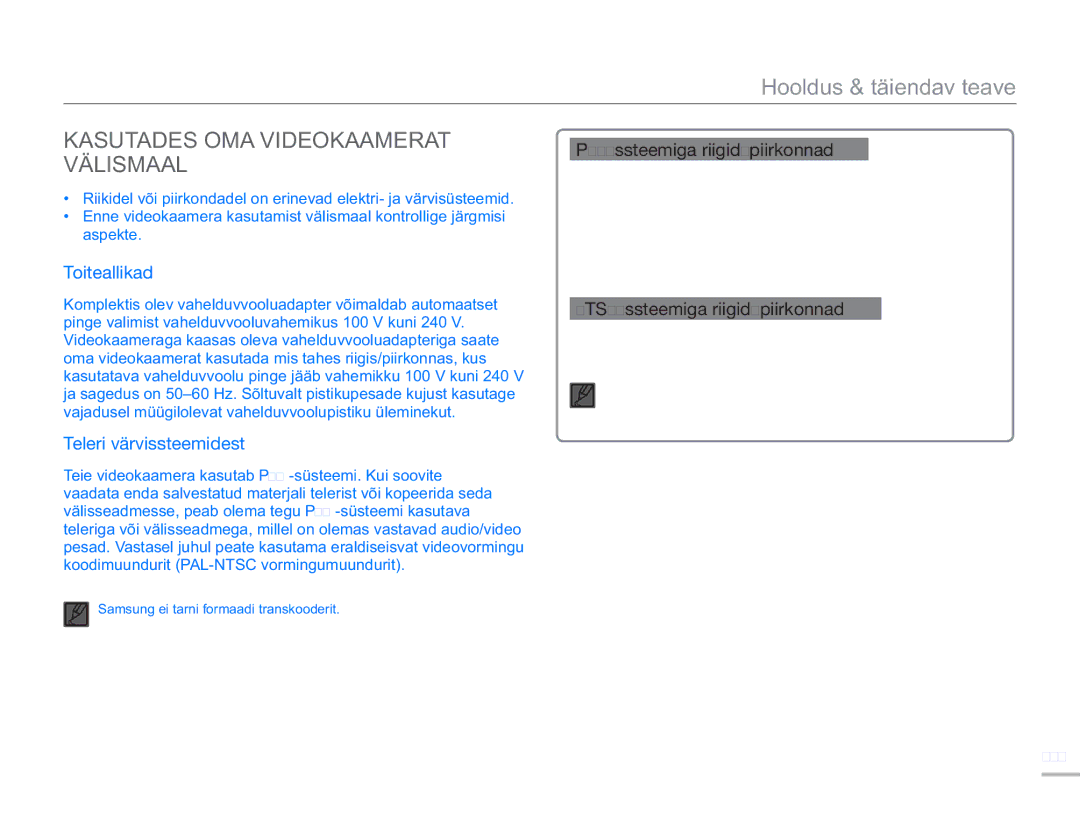 Samsung SMX-F50BP/EDC, SMX-F54BP/EDC manual Kasutades OMA Videokaamerat Välismaal, PAL-süsteemiga riigid/piirkonnad 