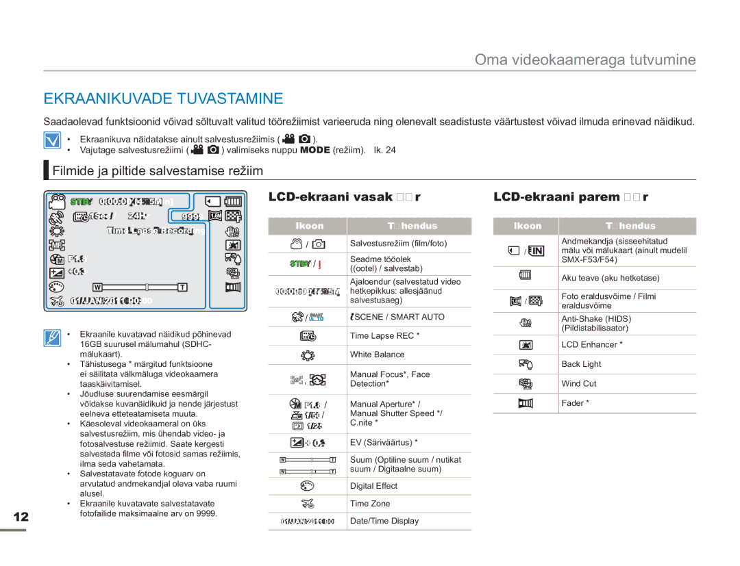 Samsung SMX-F54BP/EDC manual Ekraanikuvade Tuvastamine, Filmide ja piltide salvestamise režiim, LCD-ekraani vasak äär 