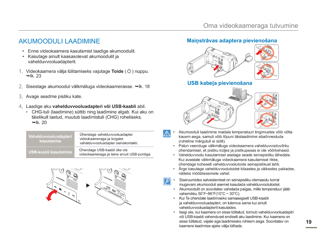 Samsung SMX-F50BP/EDC, SMX-F54BP/EDC manual Laadige aku vahelduvvooluadapteri või USB-kaabli abil 