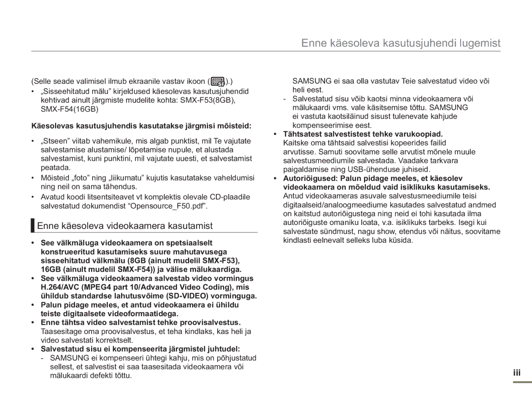 Samsung SMX-F54BP/EDC, SMX-F50BP/EDC manual Enne käesoleva videokaamera kasutamist, Iii 