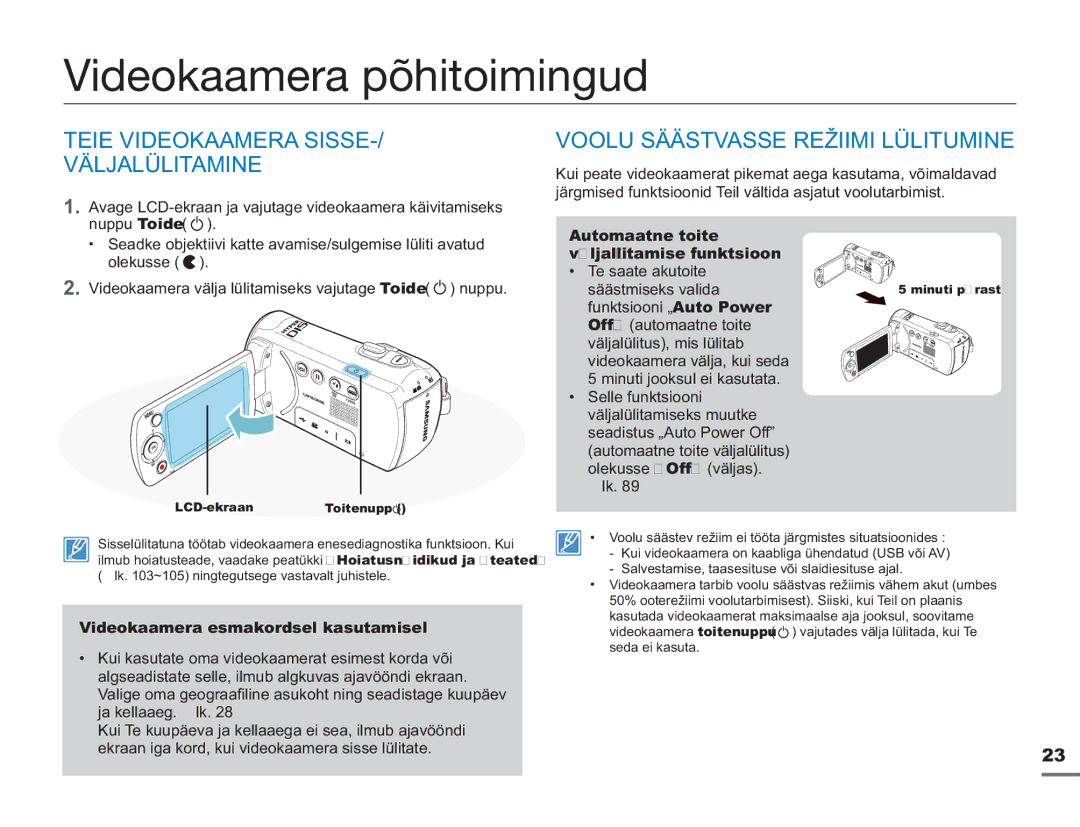 Samsung SMX-F50BP/EDC, SMX-F54BP/EDC manual Videokaamera põhitoimingud, Teie Videokaamera Sisse Väljalülitamine 