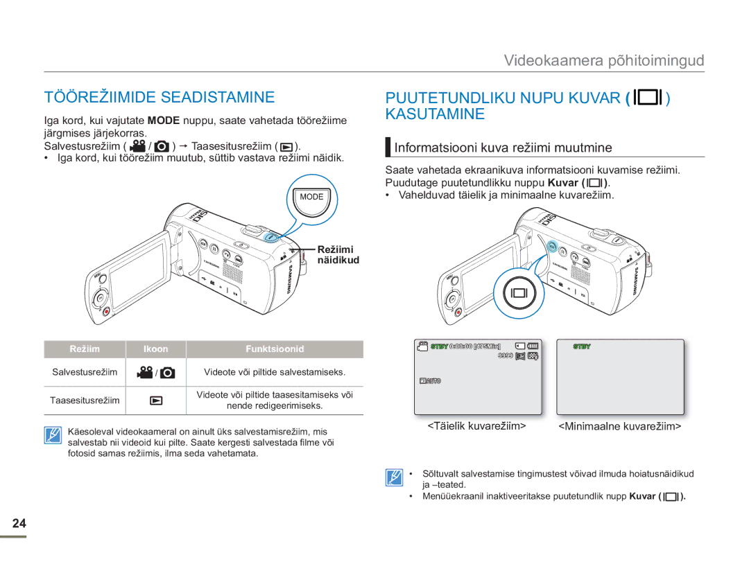 Samsung SMX-F54BP/EDC Töörežiimide Seadistamine, Puutetundliku Nupu Kuvar Kasutamine, Informatsiooni kuva režiimi muutmine 