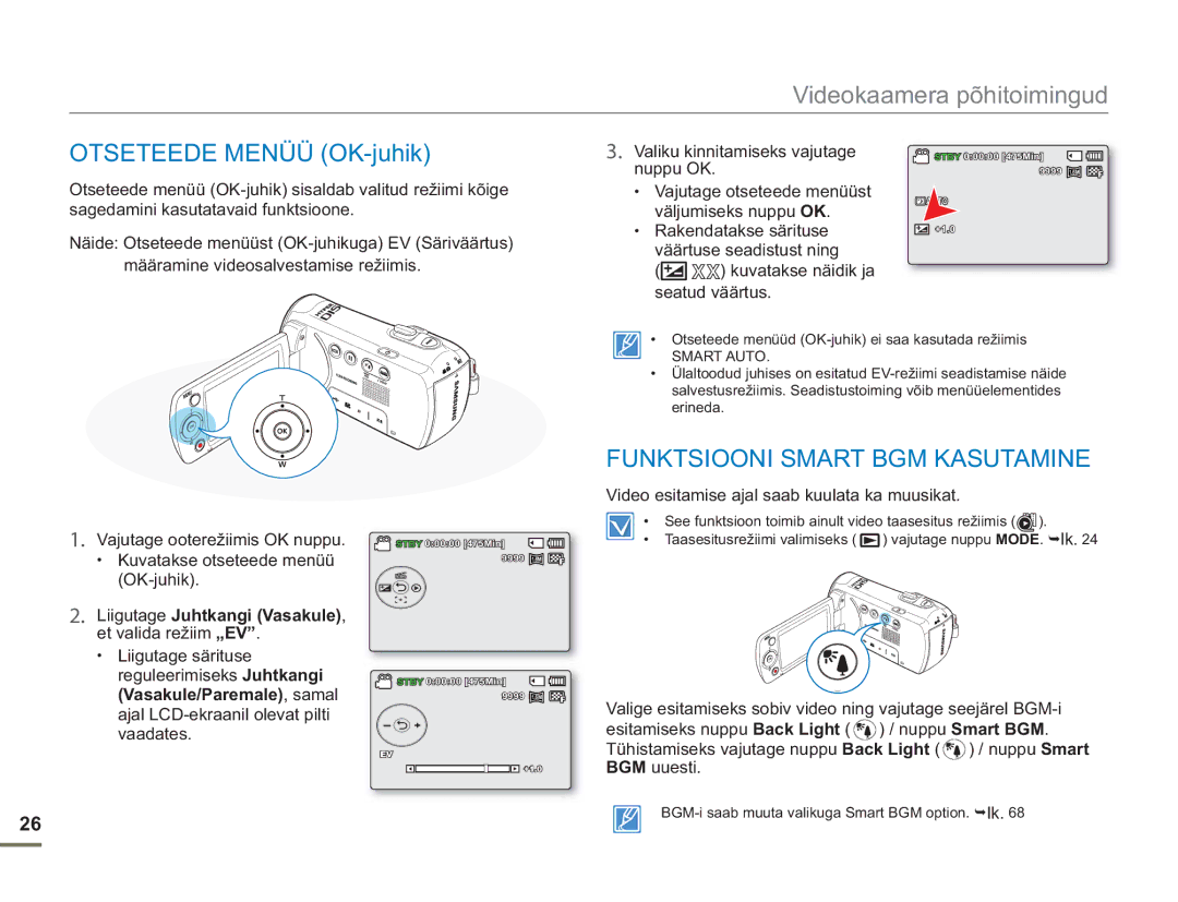 Samsung SMX-F54BP/EDC, SMX-F50BP/EDC manual Otseteede Menüü OK-juhik, Funktsiooni Smart BGM Kasutamine 