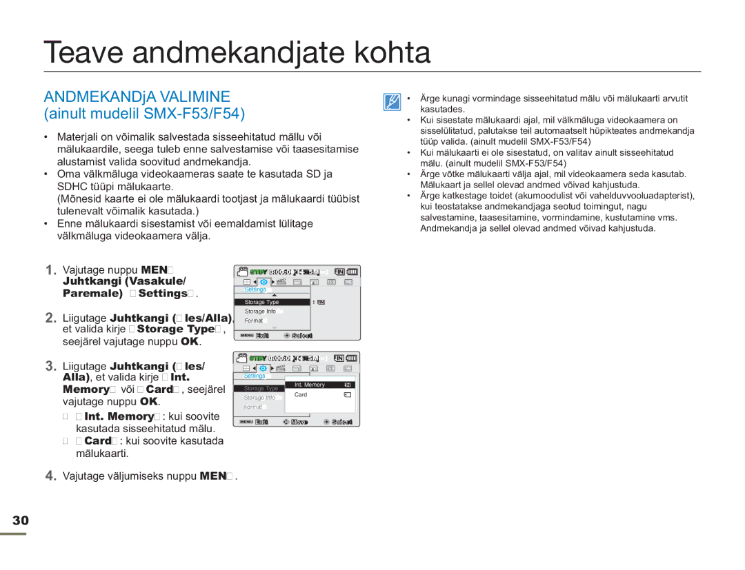 Samsung SMX-F54BP/EDC, SMX-F50BP/EDC manual Teave andmekandjate kohta, ANDMEKANDjA Valimine ainult mudelil SMX-F53/F54 