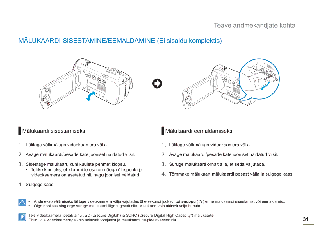 Samsung SMX-F50BP/EDC, SMX-F54BP/EDC Mälukaardi SISESTAMINE/EEMALDAMINE Ei sisaldu komplektis, Mälukaardi sisestamiseks 