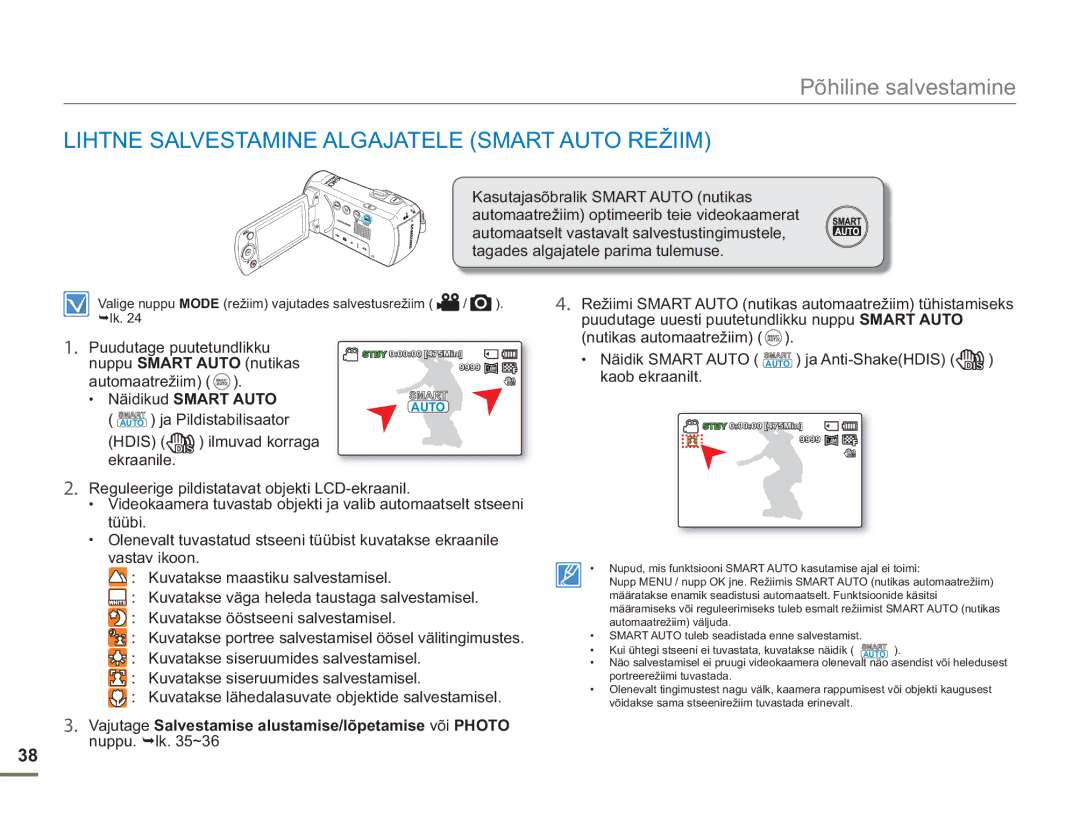 Samsung SMX-F54BP/EDC, SMX-F50BP/EDC manual Lihtne Salvestamine Algajatele Smart Auto Režiim 