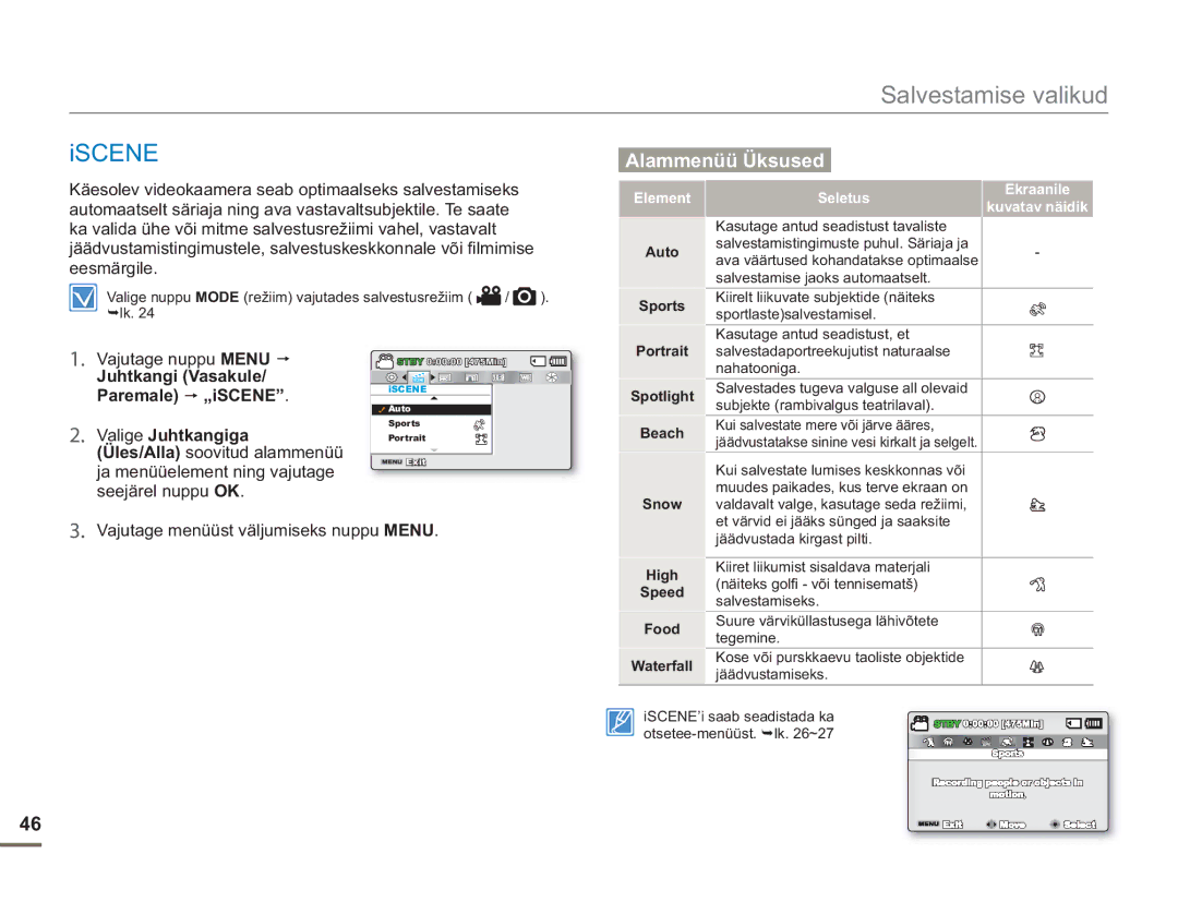 Samsung SMX-F54BP/EDC manual Iscene, Vajutage menüüst väljumiseks nuppu Menu, Element Seletus Ekraanile Kuvatav näidik 