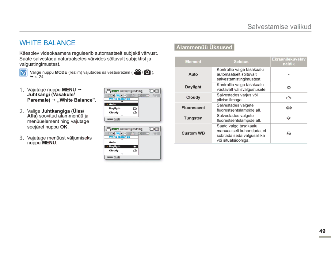 Samsung SMX-F50BP/EDC, SMX-F54BP/EDC manual Juhtkangi Vasakule Paremale „White Balance, Menüüelement ning vajutage 