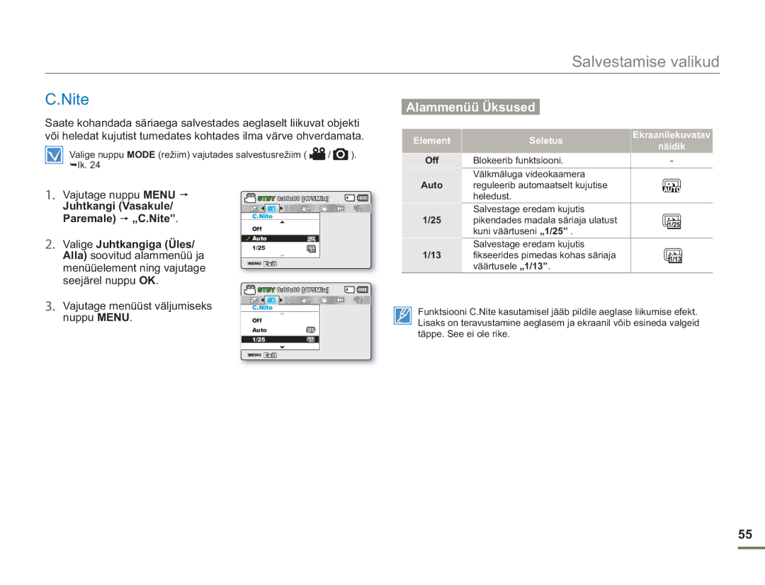 Samsung SMX-F50BP/EDC, SMX-F54BP/EDC manual Juhtkangi Vasakule Paremale „C.Nite, Auto 