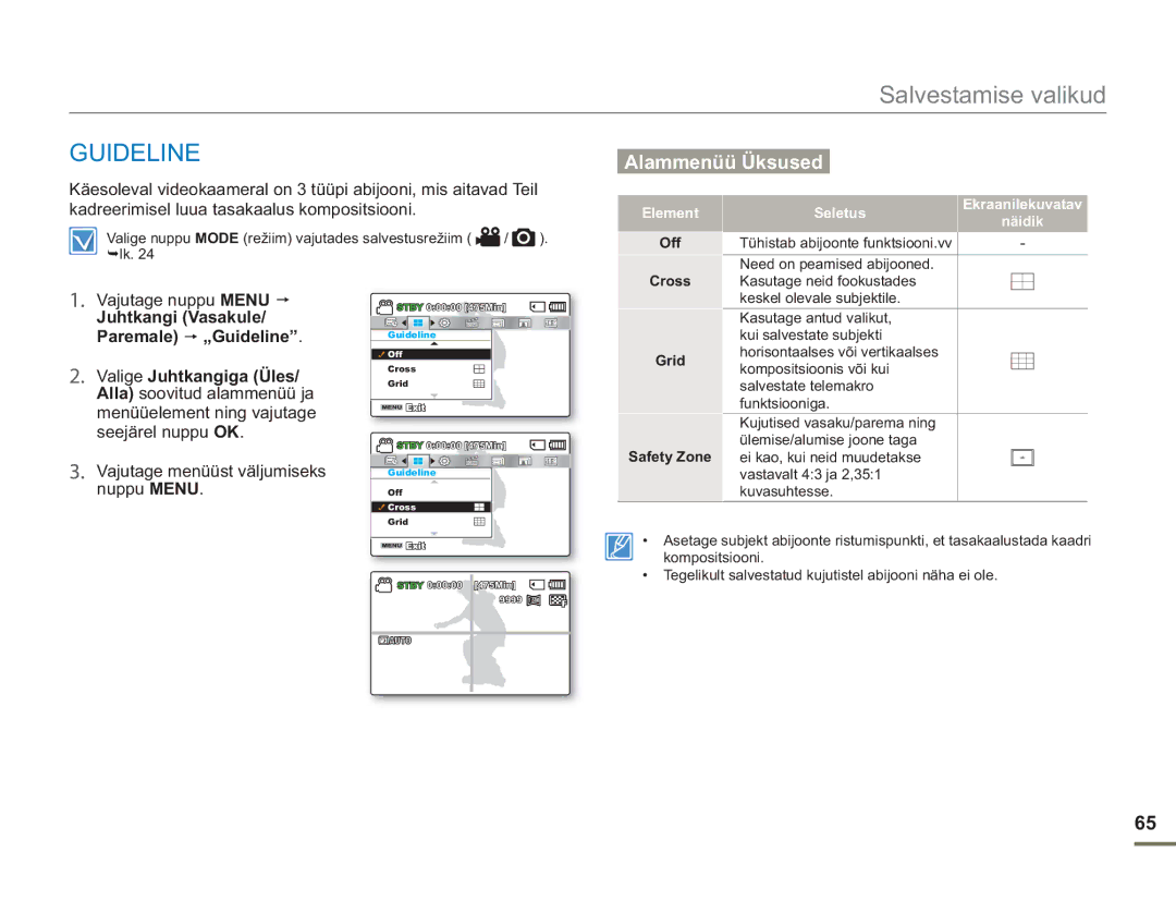 Samsung SMX-F50BP/EDC, SMX-F54BP/EDC manual Paremale „Guideline, Alla soovitud alammenüü ja Menüüelement ning vajutage 