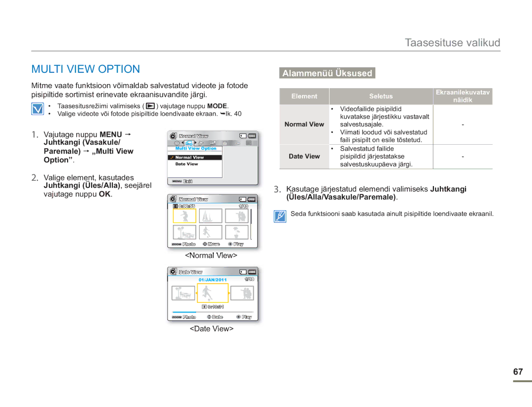 Samsung SMX-F50BP/EDC, SMX-F54BP/EDC manual Juhtkangi Vasakule/ Paremale „Multi View Option, Normal View, Date View 