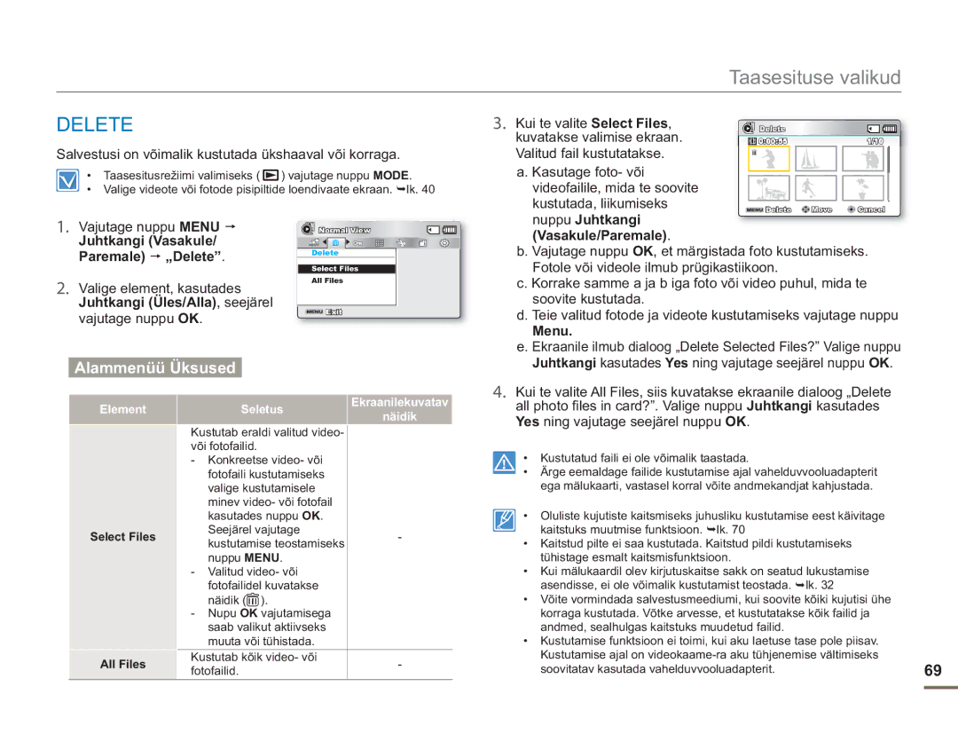 Samsung SMX-F50BP/EDC Paremale „Delete, Valige element, kasutades, Juhtkangi Üles/Alla, seejärel Vasakule/Paremale 