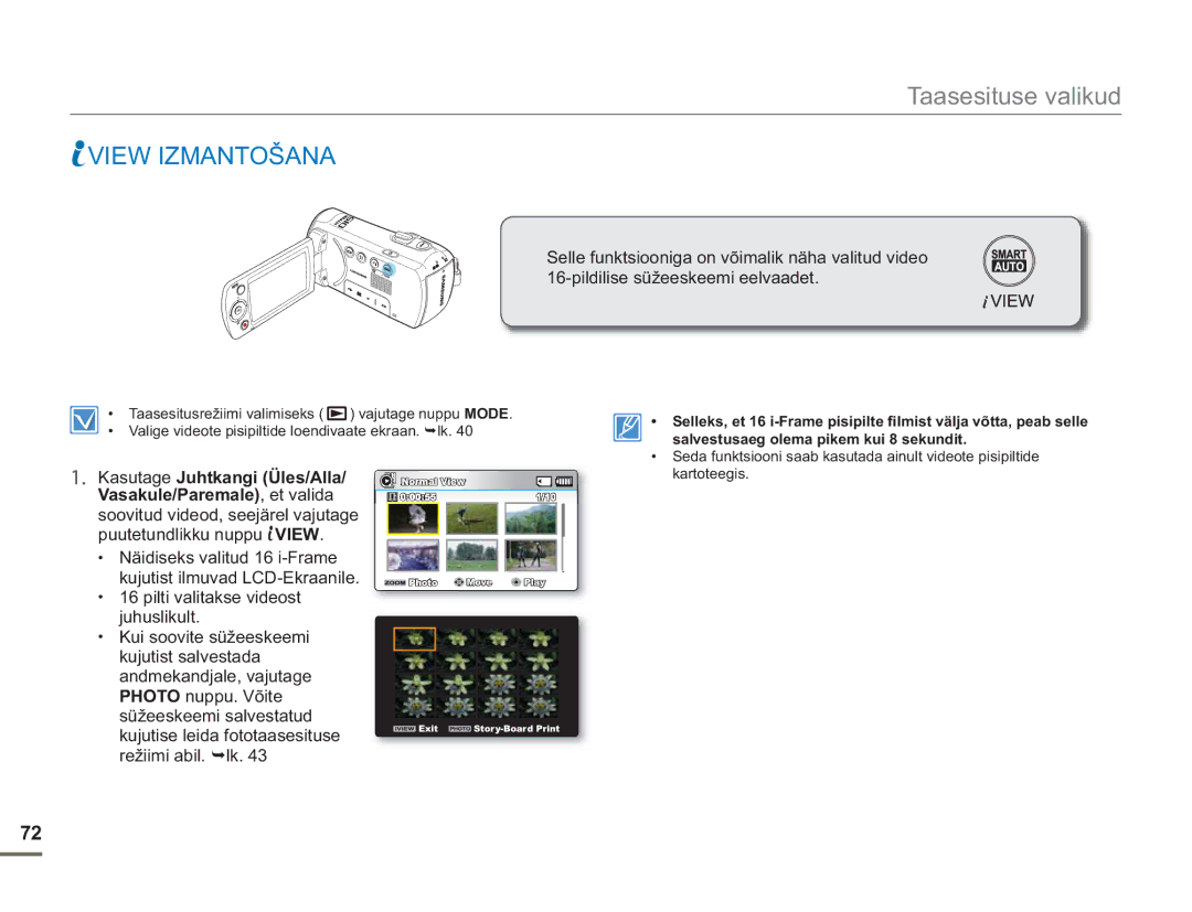 Samsung SMX-F54BP/EDC View Izmantošana, Kasutage Juhtkangi Üles/Alla, Vasakule/Paremale , et valida, Režiimi abil. lk 