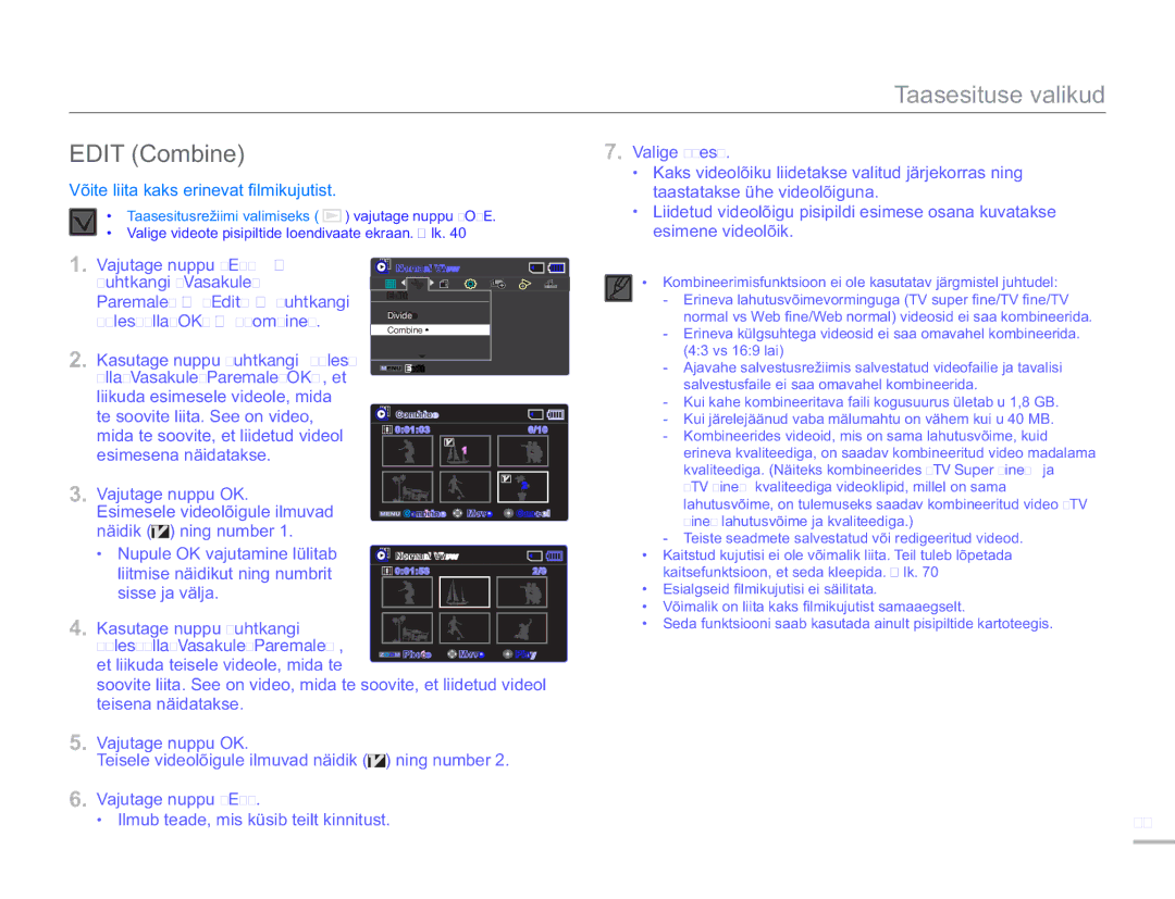 Samsung SMX-F50BP/EDC, SMX-F54BP/EDC manual Edit Combine, Võite liita kaks erinevat ﬁ lmikujutist 