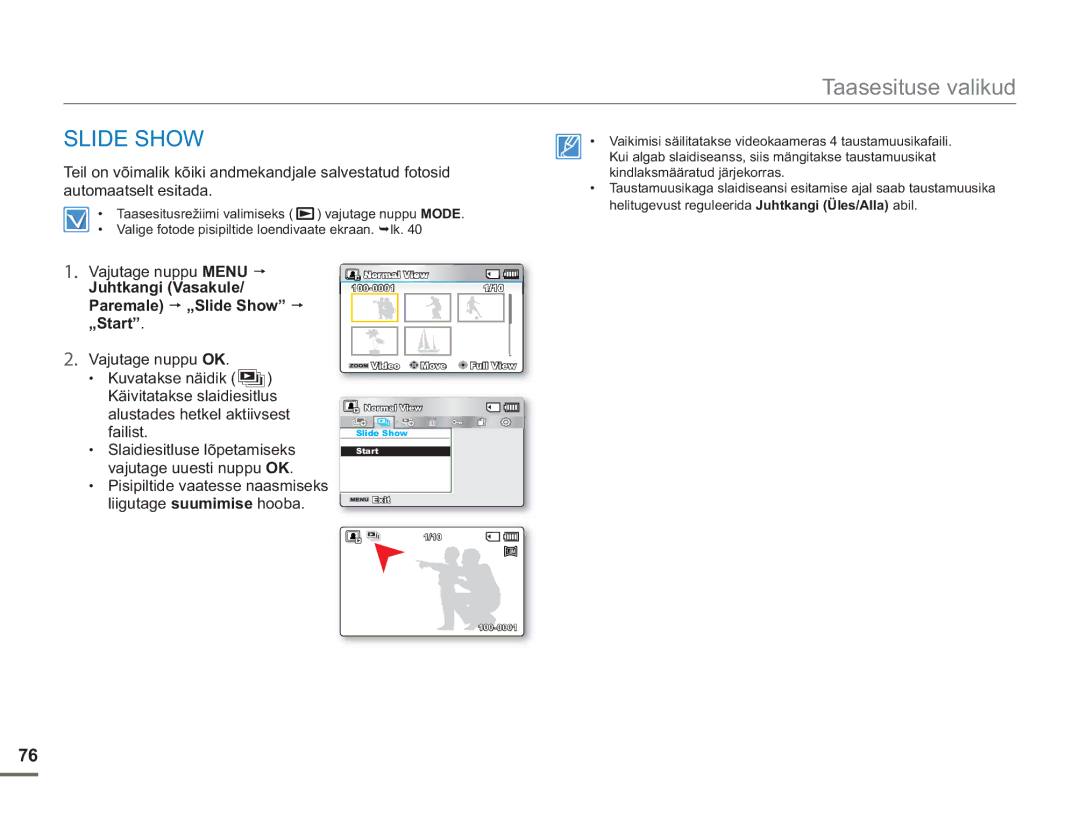 Samsung SMX-F54BP/EDC, SMX-F50BP/EDC manual Juhtkangi Vasakule/ Paremale „Slide Show „Start 